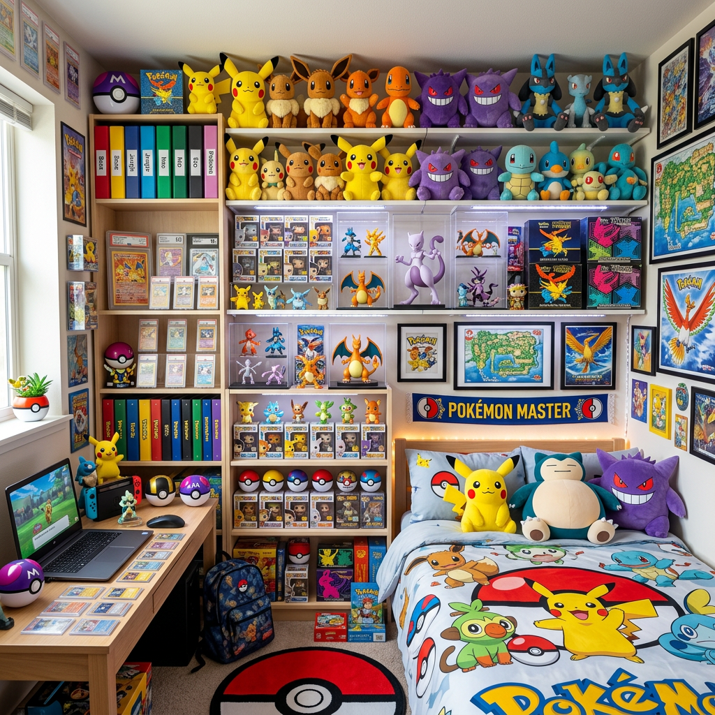 A bedroom with shelves full of Pokémon plush toys, collectibles, framed cards, and Pokémon-themed decor